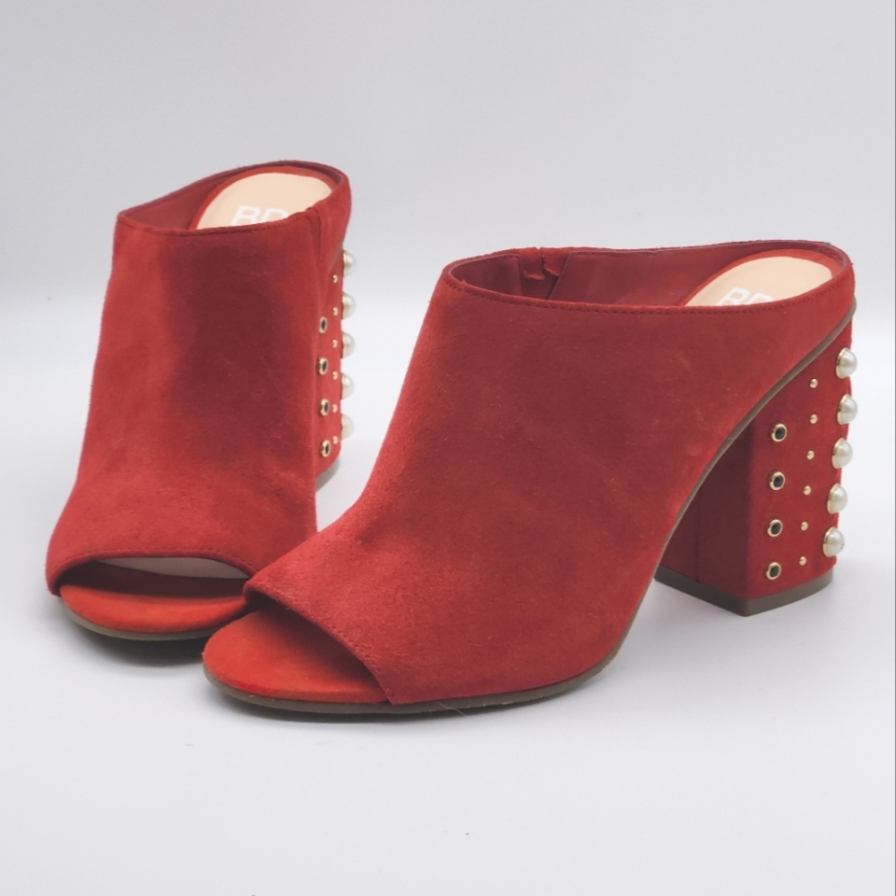 BP Suede Peep Toe Heels with Pearl Details
